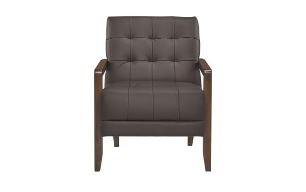 Tenley Dark Brown Leather Accent Chair with tufted dark chocolate leather upholstery, solid walnut-finished wood legs, and mid-century modern style.