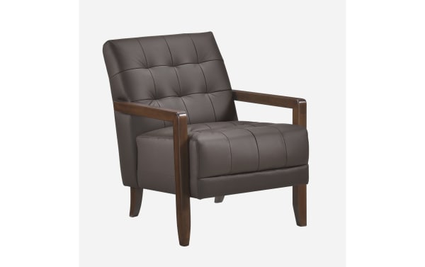 Tenley Dark Brown Leather Accent Chair with tufted dark chocolate leather upholstery, solid walnut-finished wood legs, mid-century modern style, and plush high-density foam cushions for comfort and durability.