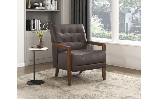 Tenley Dark Brown Leather Accent Chair in mid-century modern style with tufted dark chocolate leather upholstery, solid walnut-finished wood legs, and plush foam cushions.