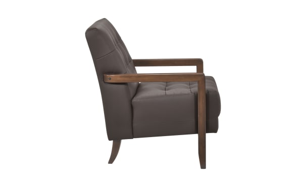 Tenley Dark Brown Leather Accent Chair with tufted dark chocolate leather upholstery, solid walnut-finished wood legs, and mid-century modern style.