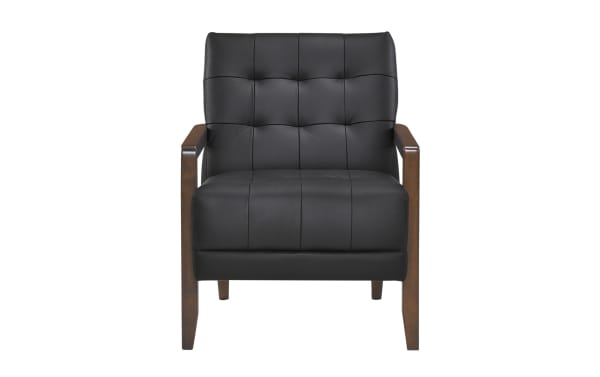 Tenley Black Leather Accent Chair with tufted black leather upholstery, solid walnut-finished wood legs, mid-century modern style, and plush foam cushions.