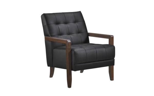 Tenley Black Leather Accent Chair with mid-century modern tufted design, plush foam cushions, solid walnut wood legs, and black leather upholstery.