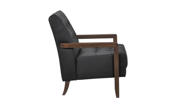 Tenley Black Leather Accent Chair in mid-century modern style with tufted black leather upholstery, walnut-finished solid wood legs, and plush foam cushions.
