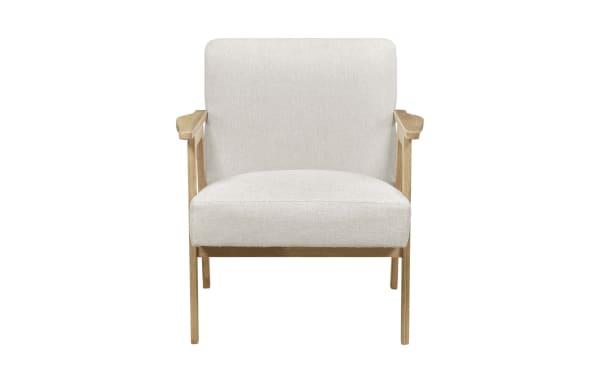 Jace Beige Accent Chair with mid-century modern design, beige polyester fabric upholstery, high-density foam cushion, and natural rubberwood frame.