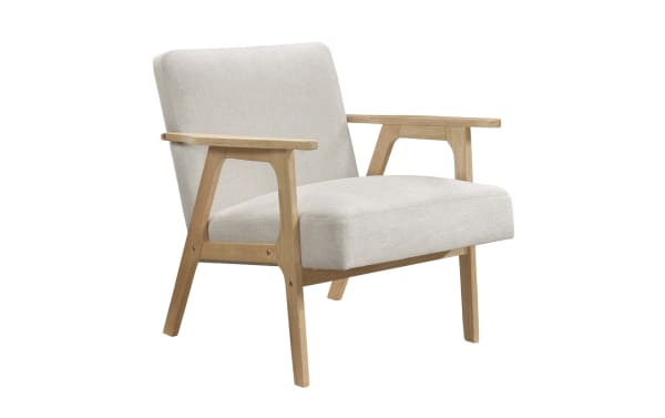 Jace Beige Accent Chair with mid-century modern design, beige polyester fabric, high-density foam cushion, and natural rubberwood frame.