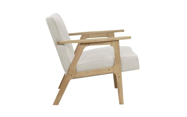 Jace Beige Accent Chair with mid-century modern solid rubberwood frame, beige polyester fabric upholstery, high-density foam cushion, and sturdy armrests.
