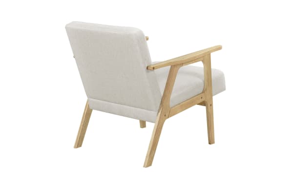 Jace Beige Accent Chair with mid-century modern design, beige polyester fabric upholstery, rubberwood frame, and high-density foam cushion for durable comfort.