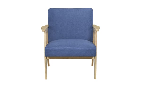 Jace Blue Accent Chair in mid-century modern style with blue polyester fabric, high-density foam cushion, and natural rubberwood frame.
