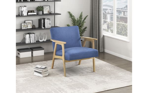 Mid-century modern Jace Blue Accent Chair with blue polyester fabric upholstery, solid rubberwood frame, and high-density foam cushion.
