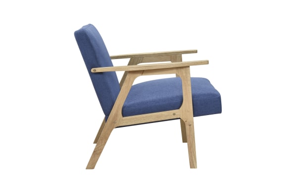 Jace Blue Accent Chair with mid-century modern design, blue polyester fabric upholstery, high-density foam cushion, and natural rubberwood frame.