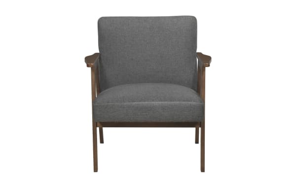Jace Gray Accent Chair in mid-century modern style with gray polyester fabric, high-density foam cushions, and solid rubberwood frame.