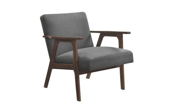 Jace Gray Accent Chair in mid-century modern style with gray polyester fabric, high-density foam cushion, and solid rubberwood frame.