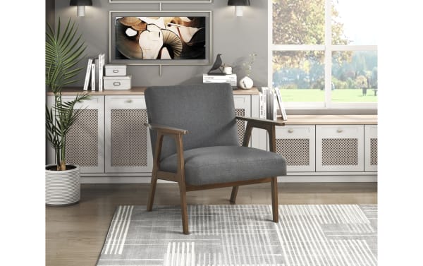 Jace Gray Accent Chair in mid-century modern style with gray polyester fabric upholstery, solid rubberwood frame, and high-density foam cushions.