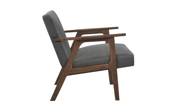 Jace Gray Accent Chair in mid-century modern style with gray polyester fabric, high-density foam cushions, and warm rubberwood frame.