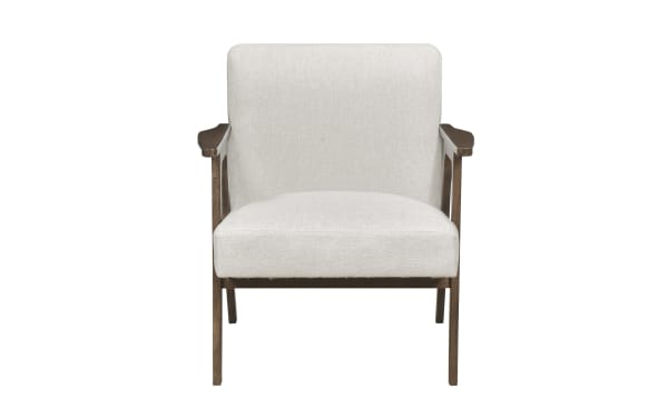 Beige Jace Accent Chair with mid-century modern design, solid rubberwood frame, polyester fabric upholstery, and high-density foam cushions for comfort.