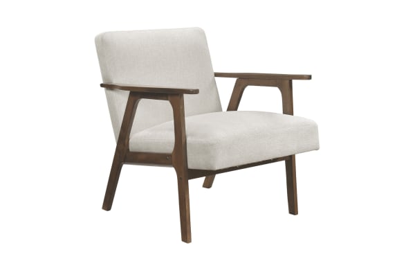 Mid-century modern Jace Beige Accent Chair with beige polyester fabric upholstery, solid rubberwood frame, and high-density foam cushions for comfort and durability.