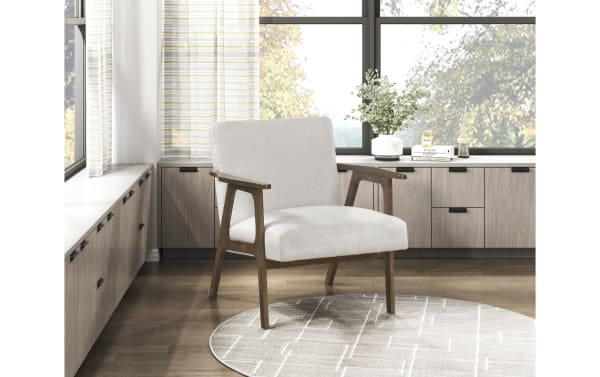 Beige Jace Accent Chair in mid-century modern style with polyester fabric upholstery, high-density foam cushion, and warm rubberwood frame.