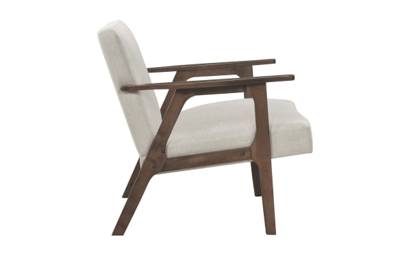Mid-century modern Jace Beige Accent Chair with beige polyester fabric upholstery, high-density foam cushion, and warm rubberwood frame.