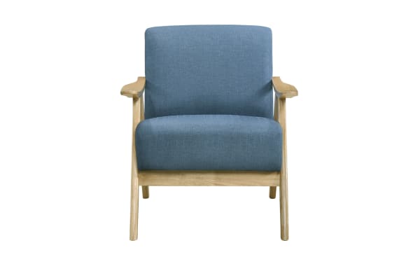 Kane Blue Accent Chair in mid-century modern style with blue polyester fabric, high-density foam cushion, and natural rubberwood frame with sculpted armrests.