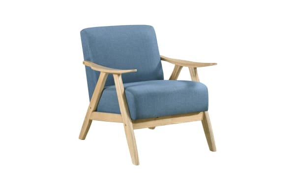Mid-century modern Kane Blue Accent Chair with blue polyester fabric upholstery, solid rubberwood frame, sculpted armrests, and high-density foam seat for firm comfort.