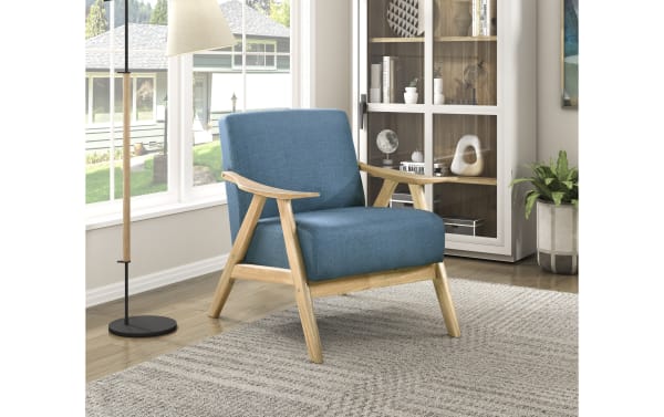 Mid-century modern Kane Blue Accent Chair with blue polyester fabric, high-density foam cushion, and natural rubberwood frame with sculpted armrests.