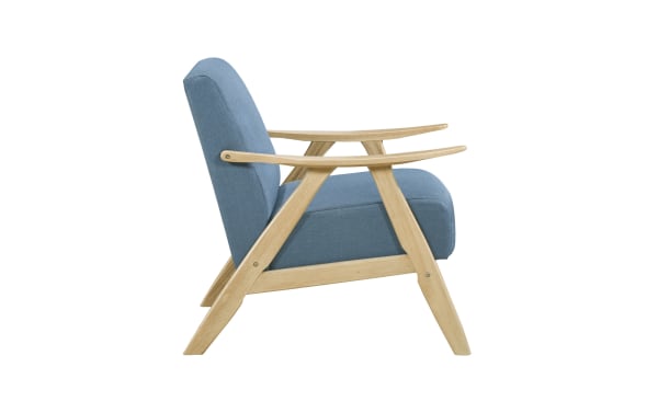 Mid-century modern Kane Blue Accent Chair with blue polyester fabric upholstery, high-density foam cushion, and natural rubberwood frame with sculpted armrests.