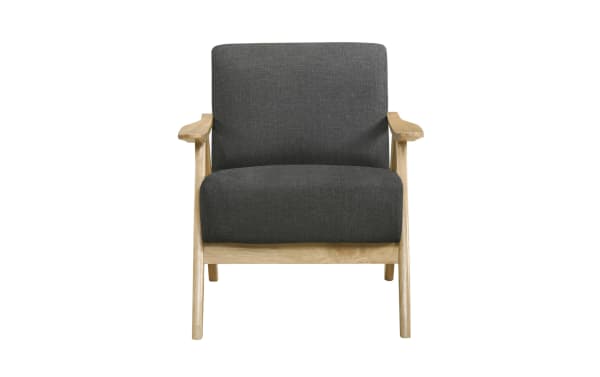 Kane Gray Accent Chair in mid-century modern style with gray polyester fabric upholstery, solid rubberwood frame, sculpted armrests, and high-density foam seat for firm comfort.