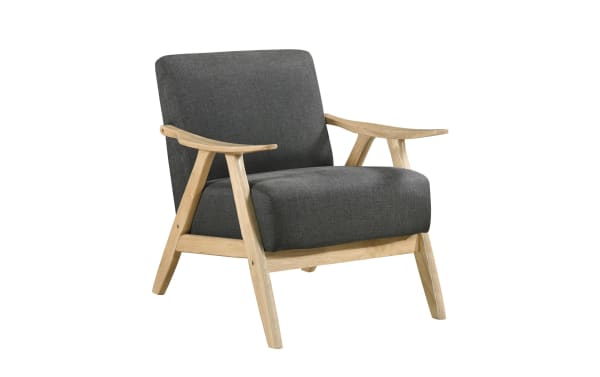 Mid-century modern Kane Gray Accent Chair with gray polyester fabric, high-density foam cushion, and natural rubberwood frame with sculpted armrests.