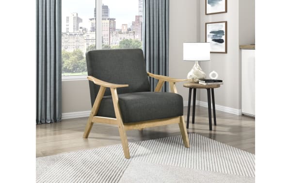 Kane Gray Accent Chair in mid-century modern style with gray polyester fabric, rubberwood frame, sculpted armrests, and high-density foam seat.