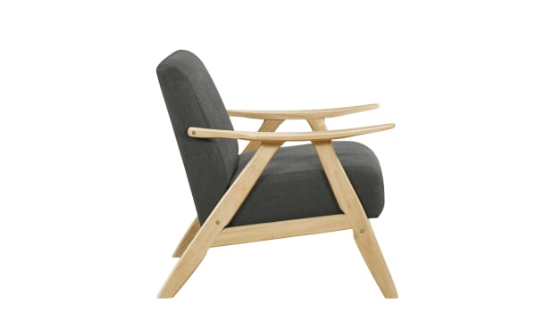 Kane Gray Accent Chair in mid-century modern style with gray polyester fabric, high-density foam seat, and natural rubberwood frame.
