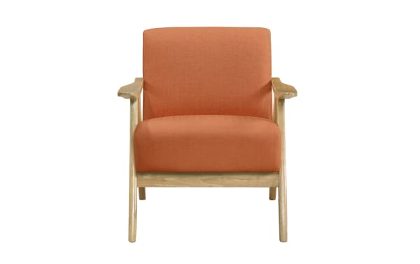 Kane Orange Accent Chair in mid-century modern style with vibrant orange polyester fabric, high-density foam cushion, and solid rubberwood frame.