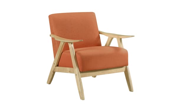 Kane Orange Accent Chair in mid-century modern style with vibrant orange polyester fabric, high-density foam seat, and natural rubberwood frame.