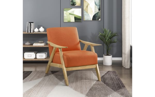 Mid-century modern Kane Orange Accent Chair with vibrant orange polyester fabric, high-density foam cushion, and natural rubberwood frame.