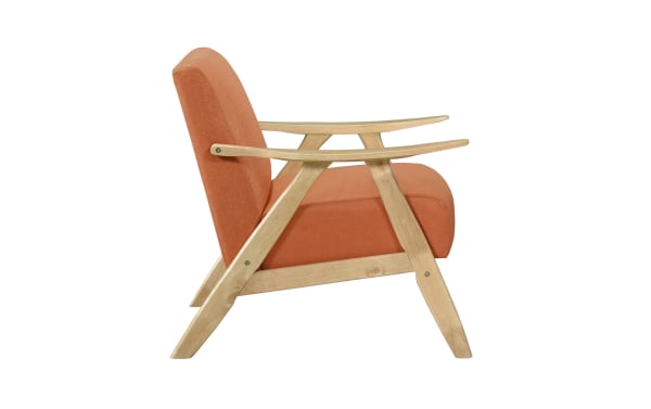 Kane Orange Accent Chair in mid-century modern style with orange polyester fabric, high-density foam seat, and natural rubberwood frame.