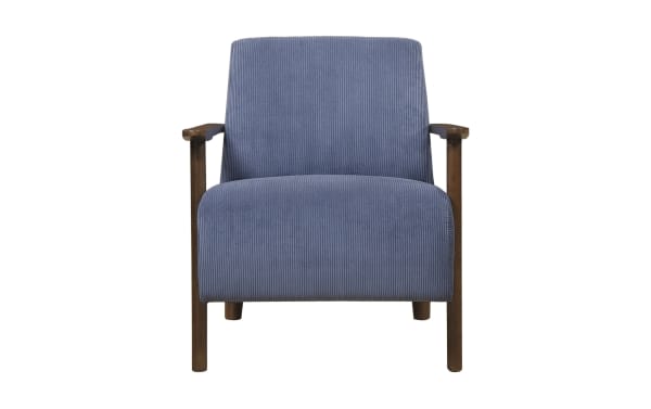 Rosie Blue Accent Chair with mid-century modern design, blue polyester fabric upholstery, solid wood legs, and cushioned foam seat for living room comfort.
