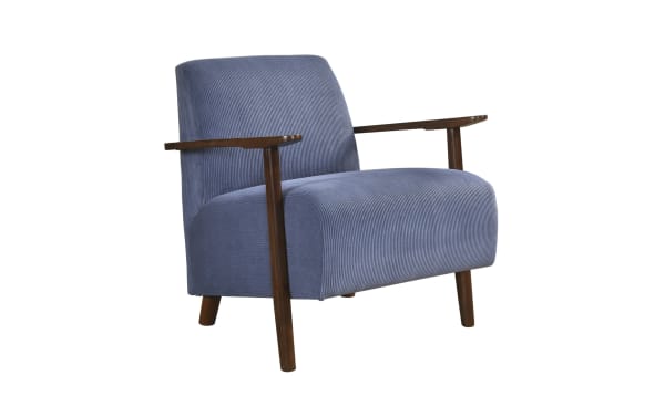 Rosie Blue Accent Chair in mid-century modern style with blue polyester fabric, solid wood legs, and high-density foam cushioning for comfort.