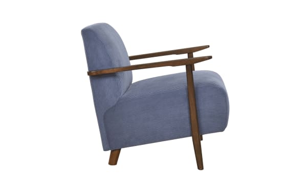 Rosie Blue Accent Chair in mid-century modern style with blue polyester fabric upholstery, solid wood legs, and high-density foam seat for comfort.