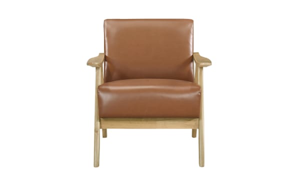 Kane Brown & Natural Faux Leather Accent Chair with mid-century modern style, brown faux leather upholstery, solid rubberwood frame, and metal legs for durability and comfort.