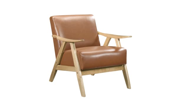 Kane Brown & Natural Faux Leather Accent Chair with mid-century modern style, brown faux leather upholstery, solid rubberwood frame, and sturdy metal legs.