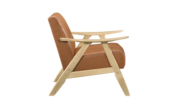 Mid-century modern Kane Brown & Natural faux leather accent chair with brown upholstery, solid rubberwood frame, and metal legs for durable comfort.