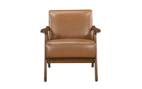 Kane Brown & Walnut Faux Leather Accent Chair with mid-century modern style, brown faux leather upholstery, solid rubberwood frame, and metal legs for durable comfort.