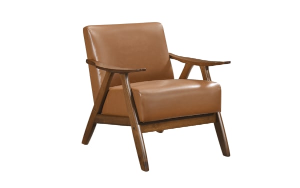 Kane Brown & Walnut Faux Leather Accent Chair with mid-century modern design, brown faux leather upholstery, solid rubberwood frame, and angled wooden arms.