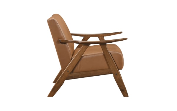 Mid-century modern Kane Brown & Walnut faux leather accent chair with solid rubberwood frame, high-density foam cushion, and sleek wooden armrests.
