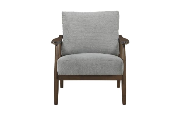 Ellis Gray Accent Chair in mid-century modern style with gray chenille fabric upholstery, solid rubberwood frame, and removable back cushion for comfort.