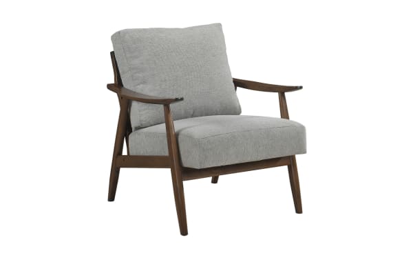 Ellis Gray Accent Chair in mid-century modern style with gray chenille fabric upholstery, solid rubberwood frame, and removable back cushion for comfort.