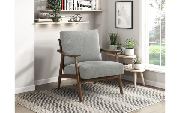 Ellis Gray Accent Chair in mid-century modern style with gray chenille fabric, solid rubberwood frame, removable back cushion, and high-density foam seat.