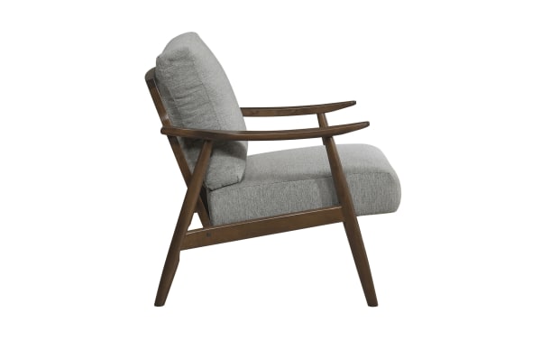 Mid-century modern Ellis Gray Accent Chair with gray chenille fabric upholstery, solid rubberwood frame, removable back cushion, and angled wooden arms.