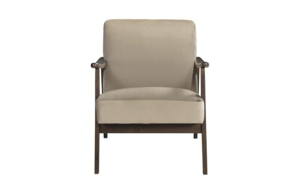 Rudy Light Brown Accent Chair with beige velvet upholstery, solid wood frame, mid-century modern style, and high-density foam cushions for comfort.