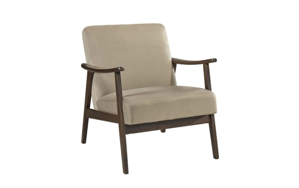 Rudy Light Brown Accent Chair with beige velvet fabric upholstery, solid wood frame, mid-century modern style, and cushioned foam seat for living room seating.