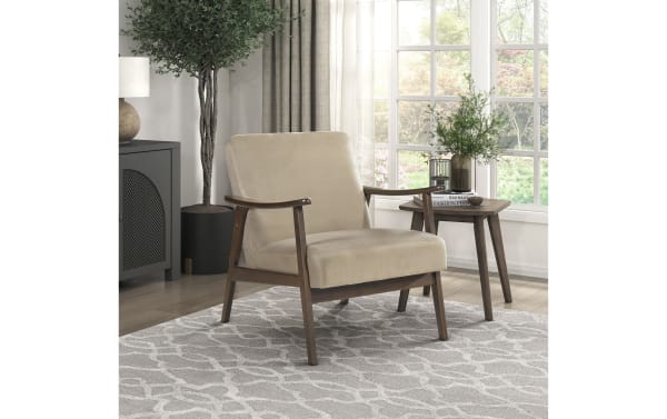 Rudy Light Brown Accent Chair with beige velvet upholstery, solid wood frame, mid-century modern style, and high-density foam cushions for comfort.